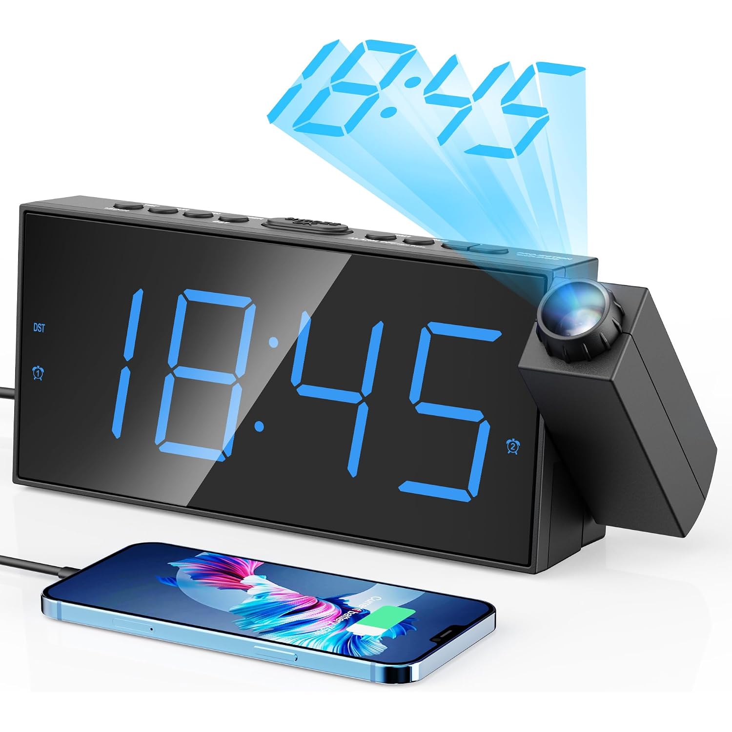 Digital Projection Alarm Clocks For Bedrooms - Large Led Display, 180° Rotatable Projector, 5-Level Dimmer,Usb Charger,Battery Backup,Loud Dual Alarms For Kids Elderly,Heavy Sleepers,Snooze,12/24H,Dst