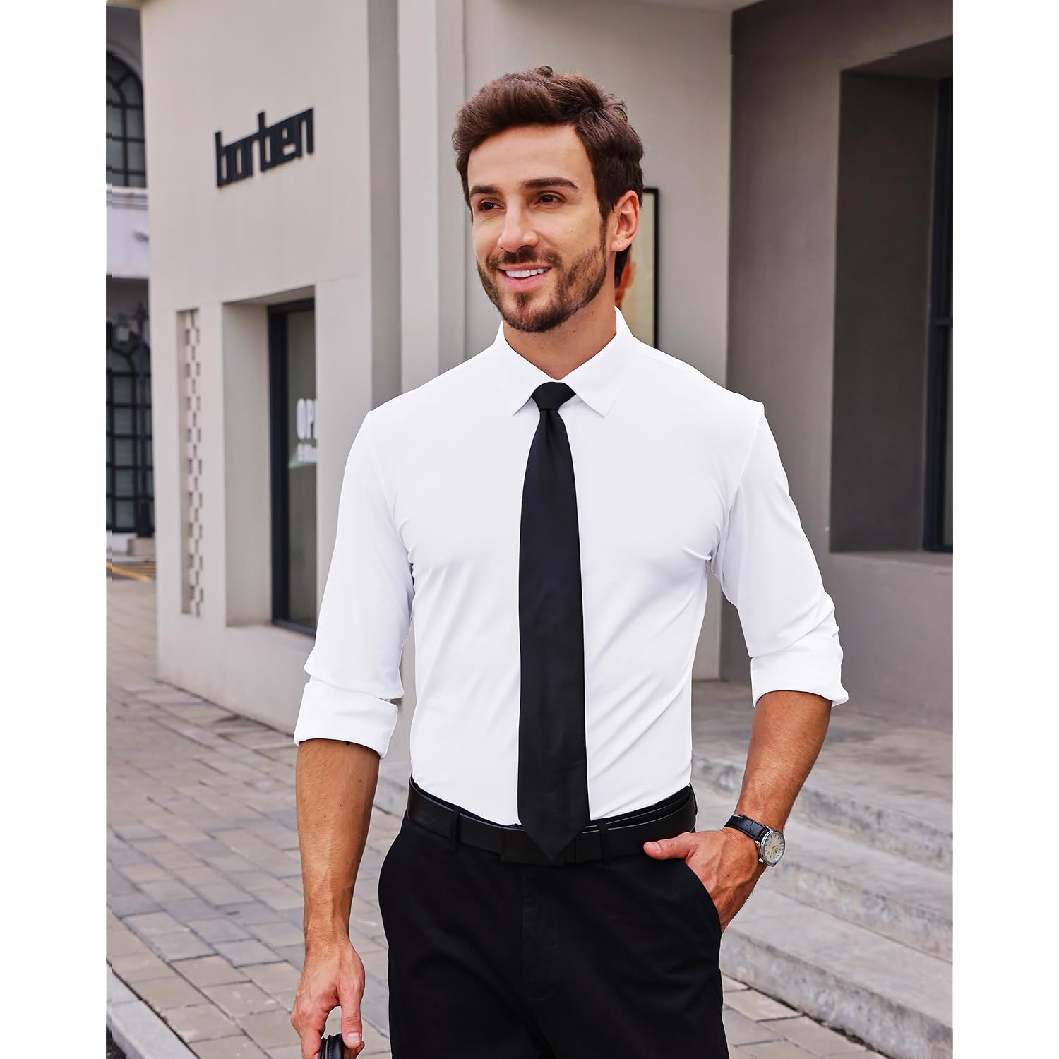 Alimens & Gentle Stretch Mens Dress Shirts Slim Fit Long Sleeve Casual Skinny Muscle Fit Wrinkle Free Button Down Shirt