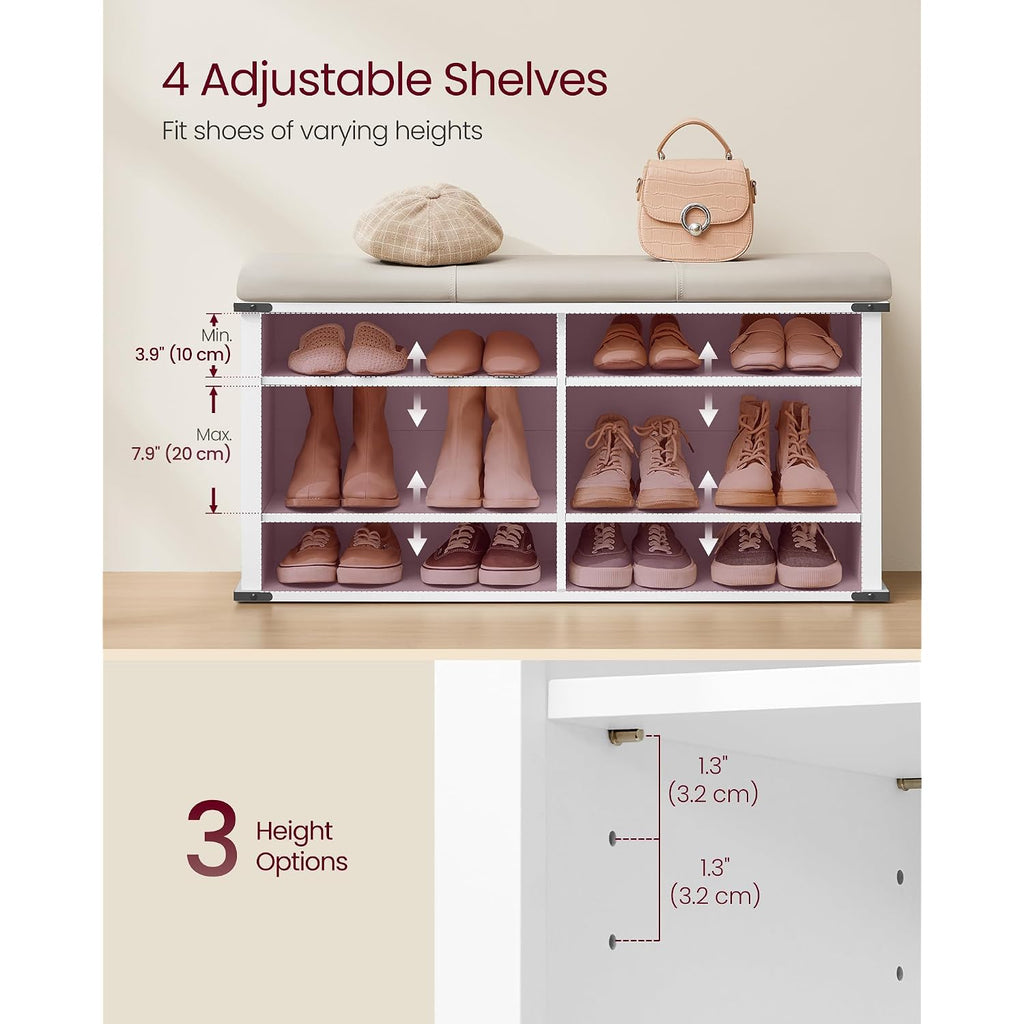 Vasagle Liry Collection - Shoe Storage Bench With Removable Cushion, Shoe Rack With Padded Seat, Entryway Bench With 6 Open Compartmens, Adjustable Shelves, Cloud White Ulsb105W01
