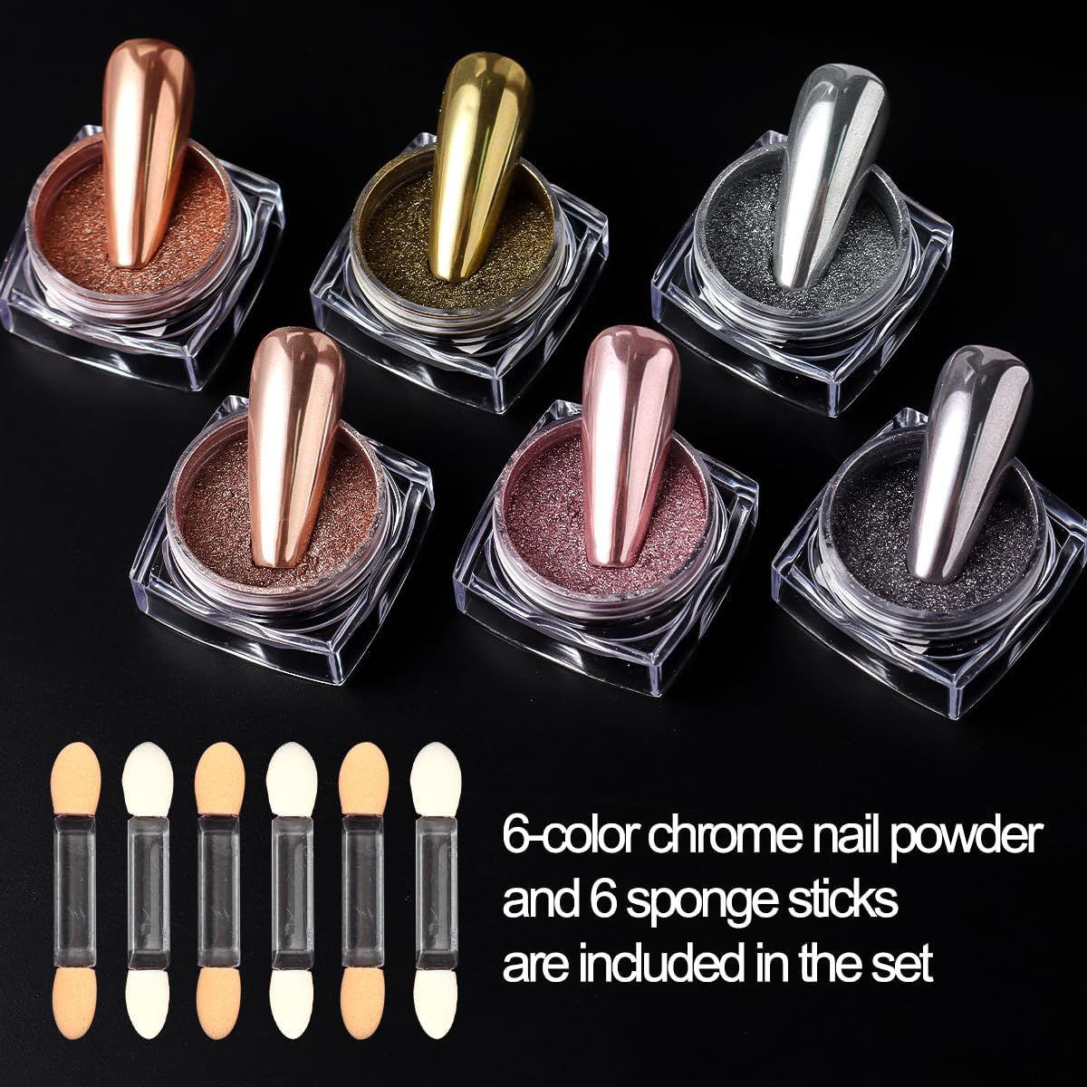 6 Colors Chrome Nail Powder Kit, Rose Gold Bronze Black Chrome Powder for Nails, Magic Mirror Effect Pigment Metallic Rubbing Dust Fine Glitter Powders for Gel Polish Nail Art Decoration