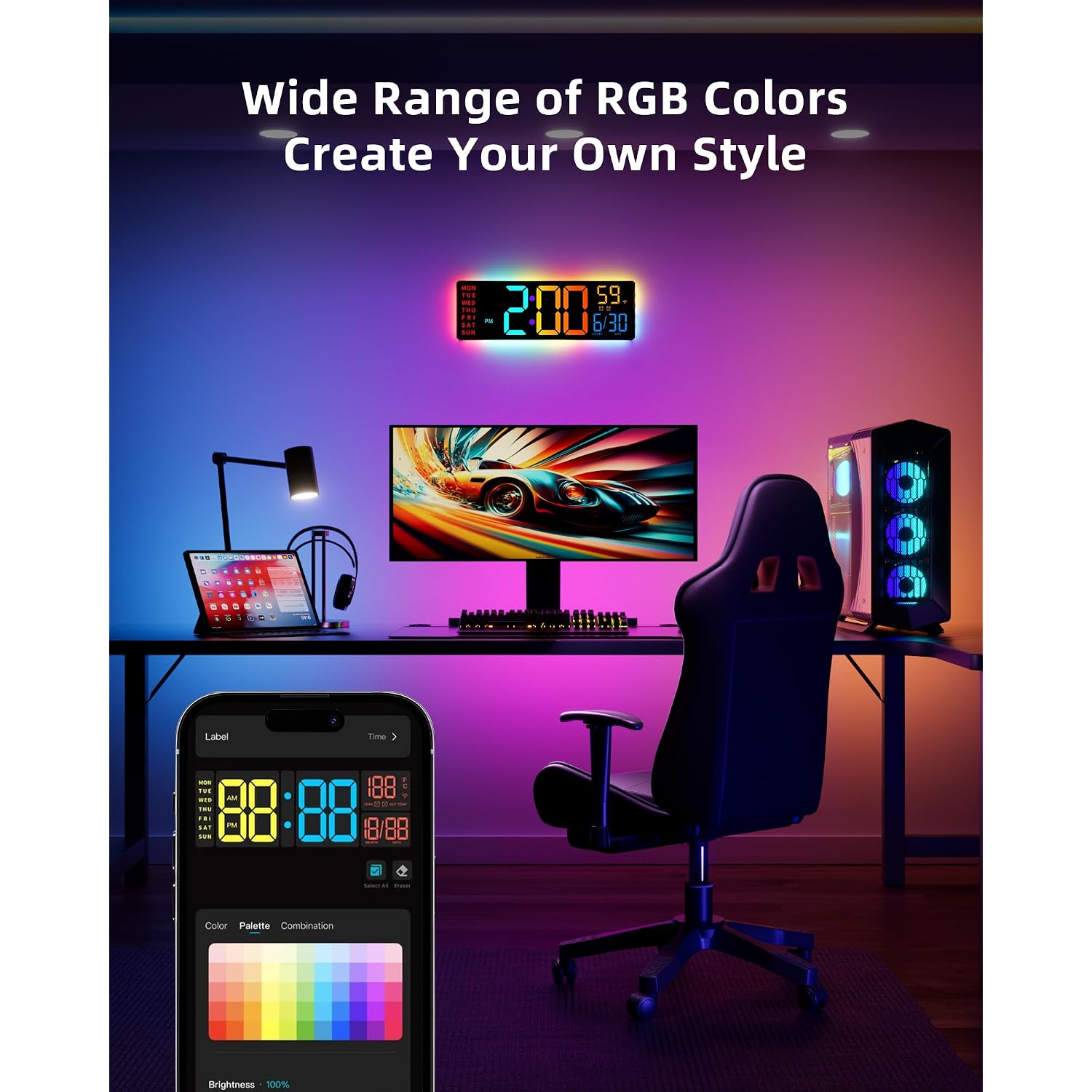 Easyera Smart Digital Wall Clock With App Control, 16.5” Large Rgbic Wall Clock With Multiple Diy Color And Music Sync, Led Display, Auto Dst, Plug-In Clocks For Classroom Home Gym Gaming