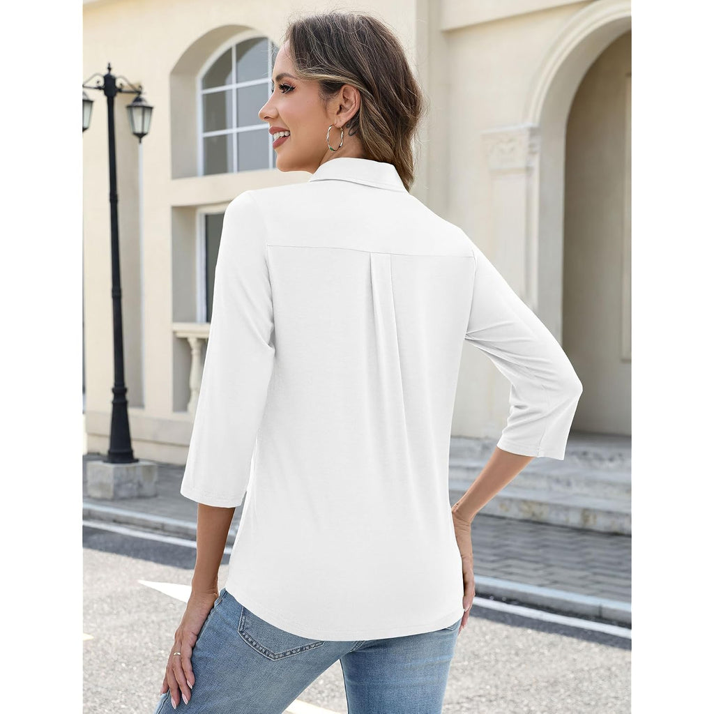 Akewei Womens 3/4 Length Sleeve Tops V Neck Casual Basic Tees Work Polo Shirts Collared Summer Top With Front Pocket