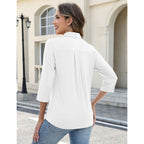 Akewei Womens 3/4 Length Sleeve Tops V Neck Casual Basic Tees Work Polo Shirts Collared Summer Top With Front Pocket