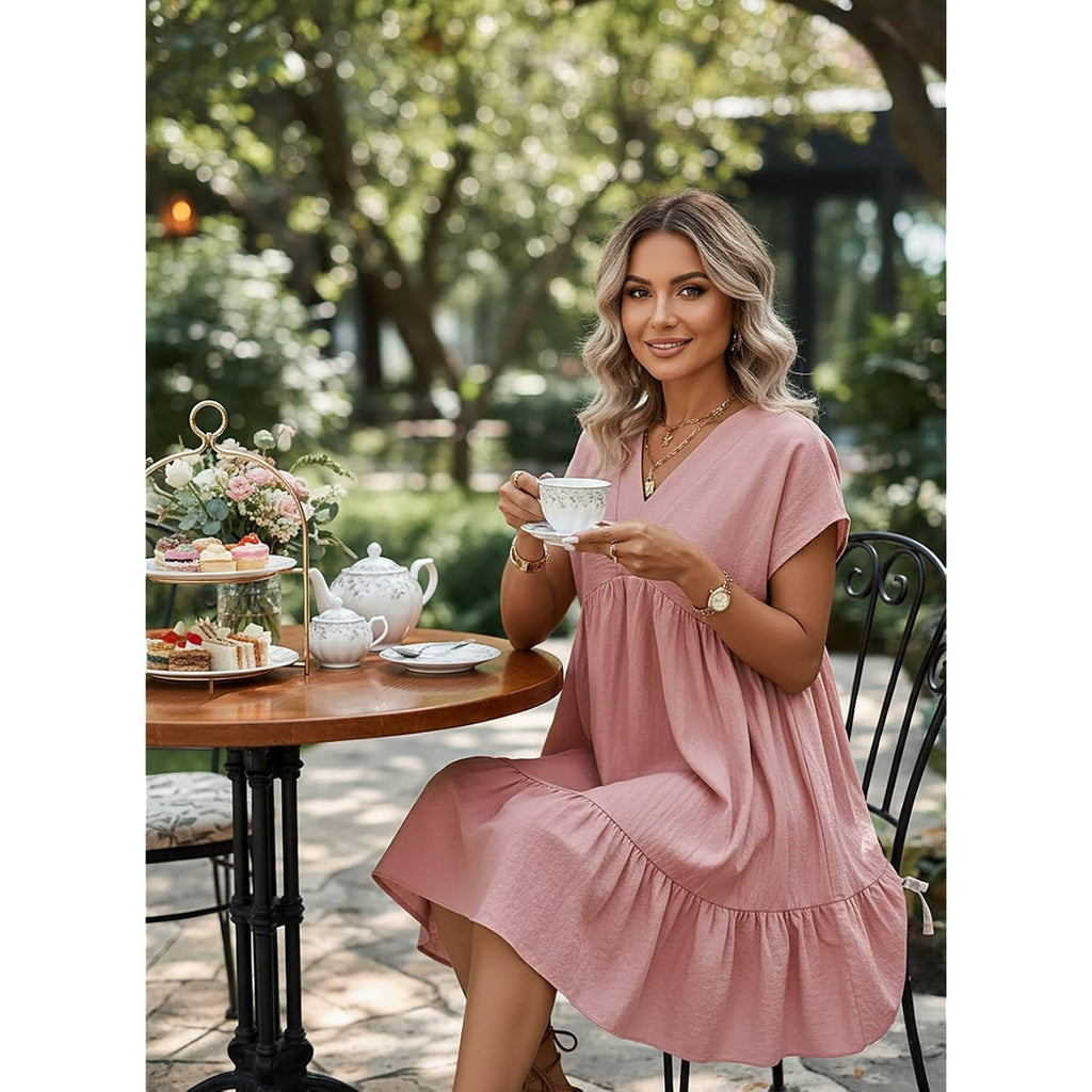 Acelitt Women'S Summer Dresses 2026 Beach Casual Deep V Neck Loose Sundress Short Sleeve Mini Dress With Pockets(Size Down)