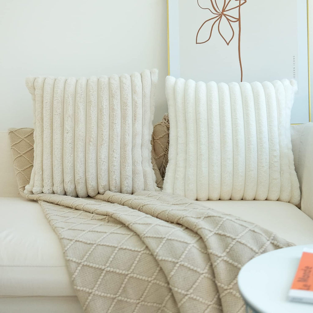 JOJUSIS Pack of 2 Faux Fur Plush Decorative Throw Pillow Covers Couch Cushion Case Soft Pillowcases (Beige, 18 x 18 Inch)
