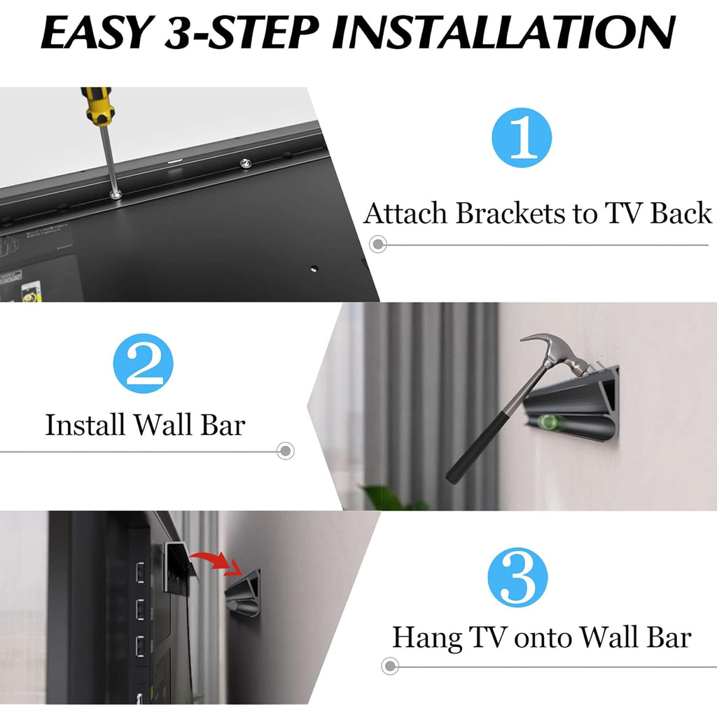 No Stud TV Wall Mount, Drywall Studless TV Hanger No Damage, No Drill, Non Screws, Dry Wall Flat Screen TVs Easy Install Bar Bracket fits VESA 12-55 inch TVs up to 99 lbs, Include Hardware Levels