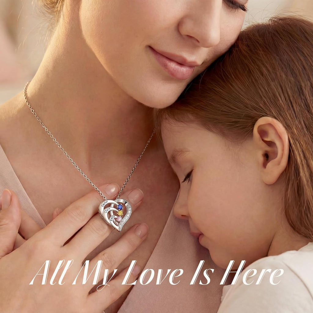 Easycosy Custom Name Necklace with Birthstones Mothers Day Gifts for Mom, Wife, Customized Promise Necklace Heart Pendant with Engraved 2-6 Names - Birthday Jewelry Gifts for Women Grandma Her