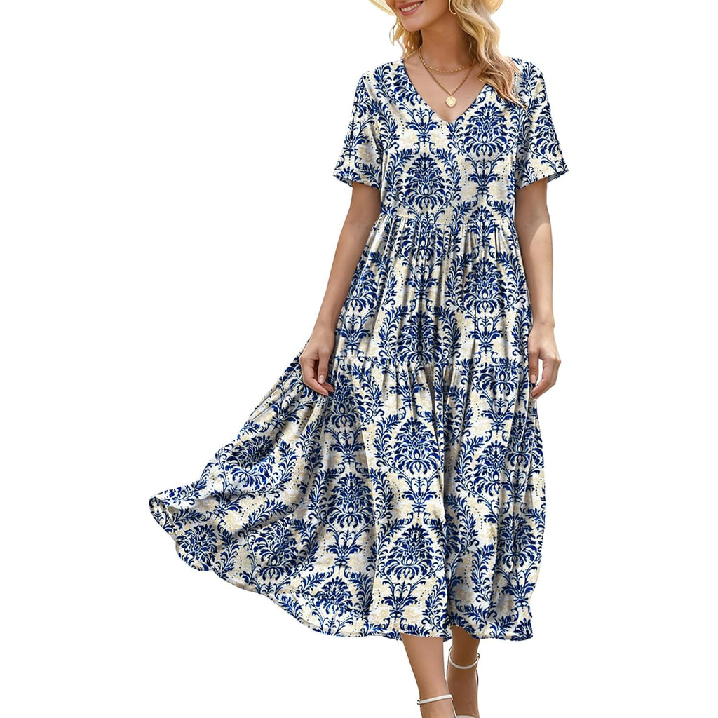 Yesno Women'S Summer Maxi Dresses Casual Floral Short Sleeve V Neck Boho Beach Vacation Swing Dress With Pockets Evf
