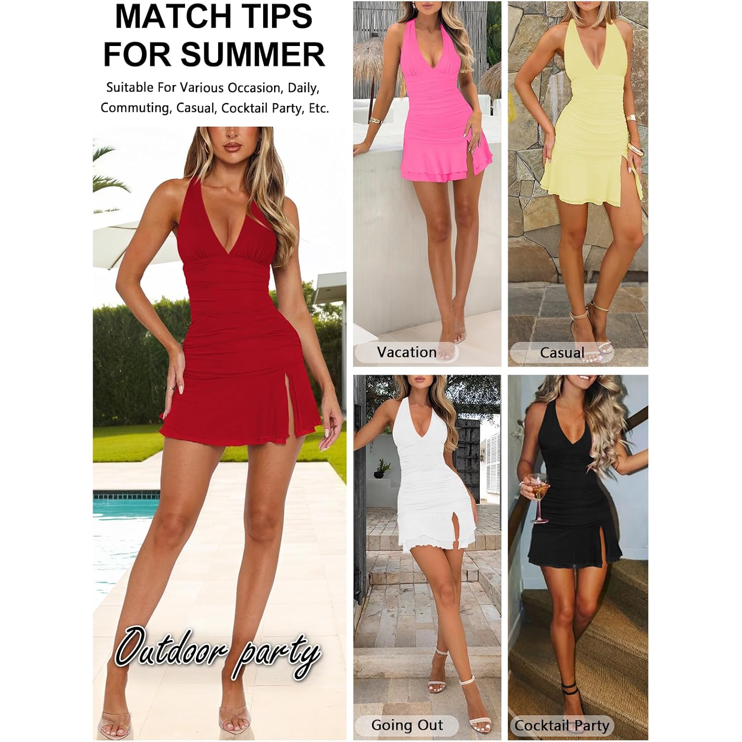 Women Sexy Halter Deep V Neck Ruched Bodycon Dress Summer Side Slit Mesh Hem Cocktail Club Party Short Mini Dresses