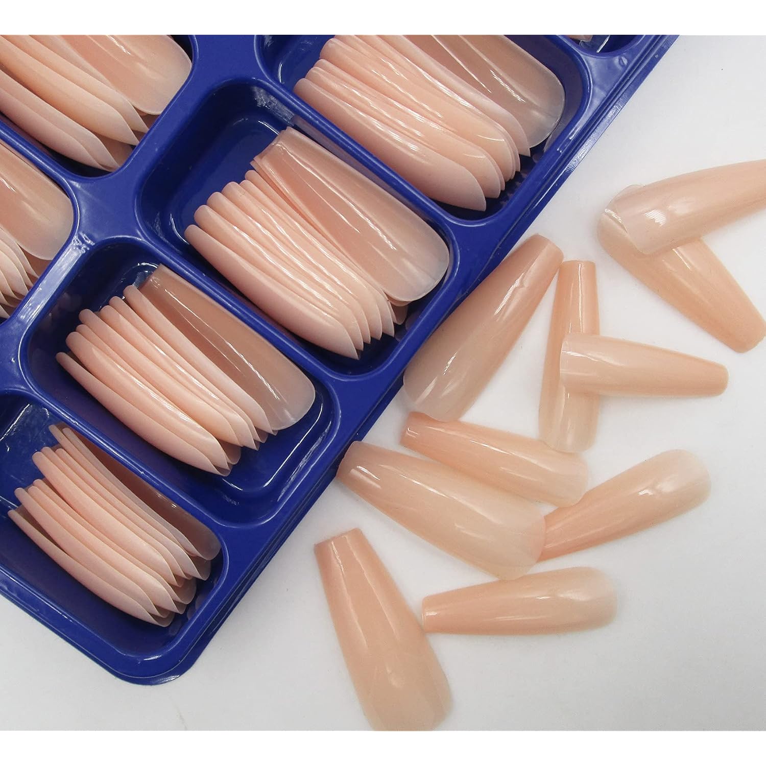 LoveOurHome 100pc Coffin Press on Nails Long Ballerina False Nails Artificial Glossy Acrylic Tips Full Cover for Women Kids (Beige)