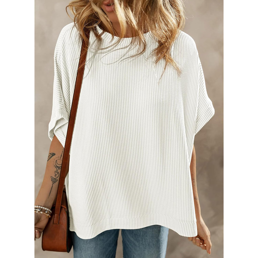 Dokotoo Women'S Casual Oversized Short Sleeve Solid Color Loose Texture Knit Tunic Tops Blouses