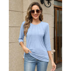 Womens 3/4 Length Sleeve Tops Crewneck Pleated T-Shirts Casual Fall Tunic Tops Basic Trendy Clothes