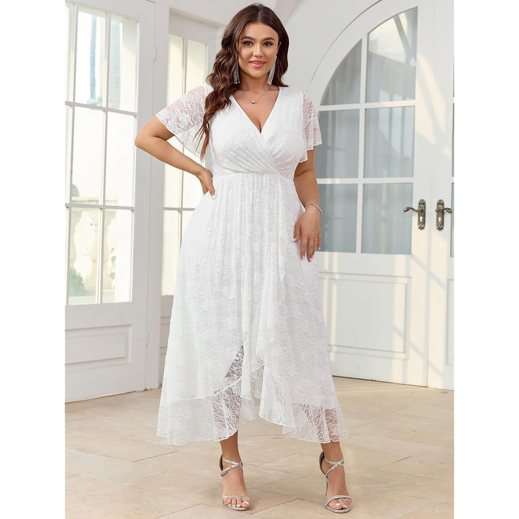 Scomchic Womens Plus Size Wedding Guest Dress Formal Lace Wrap V Neck High Low Short Sleeve Cocktail Maxi Dresses Xl-4Xl