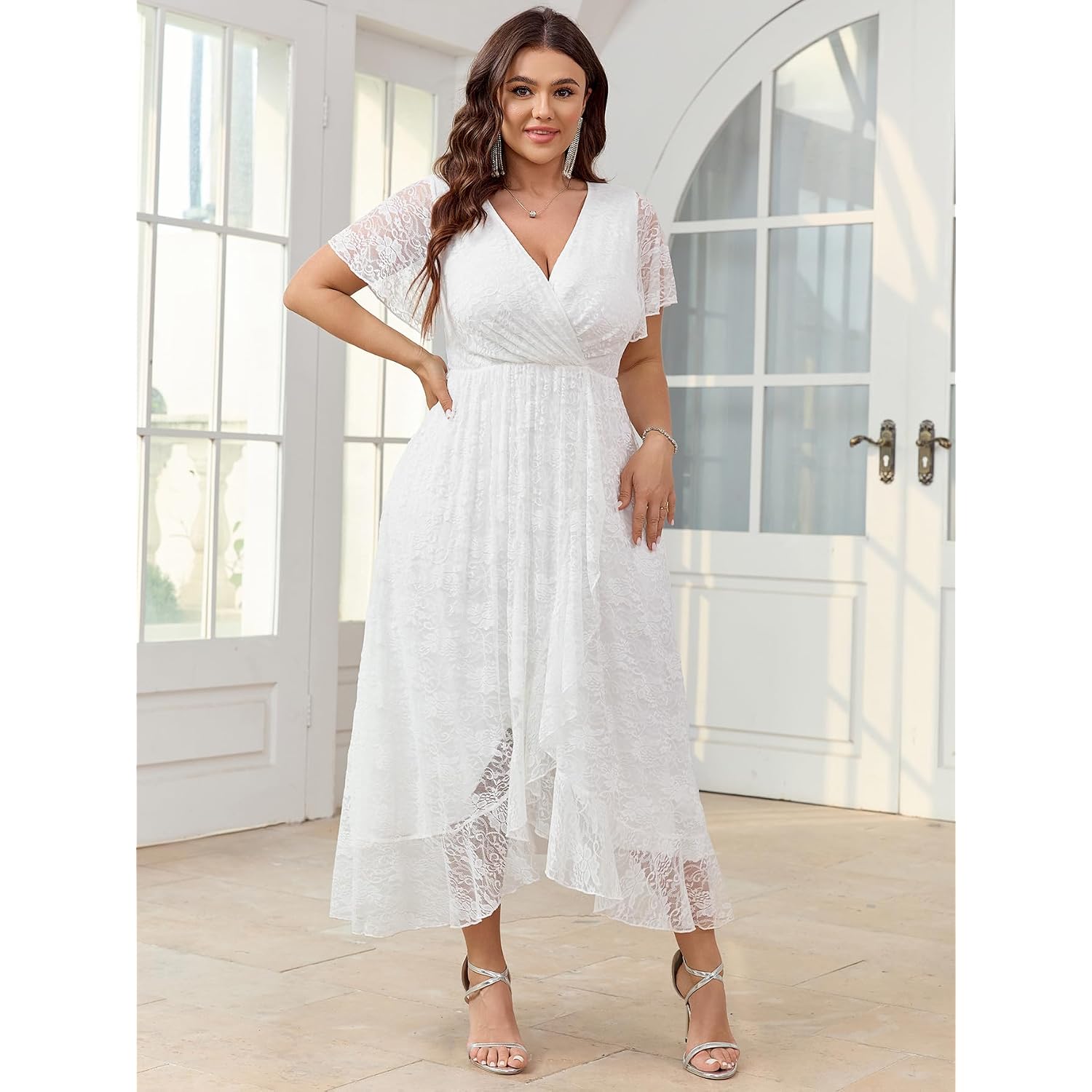Scomchic Womens Plus Size Wedding Guest Dress Formal Lace Wrap V Neck High Low Short Sleeve Cocktail Maxi Dresses Xl-4Xl