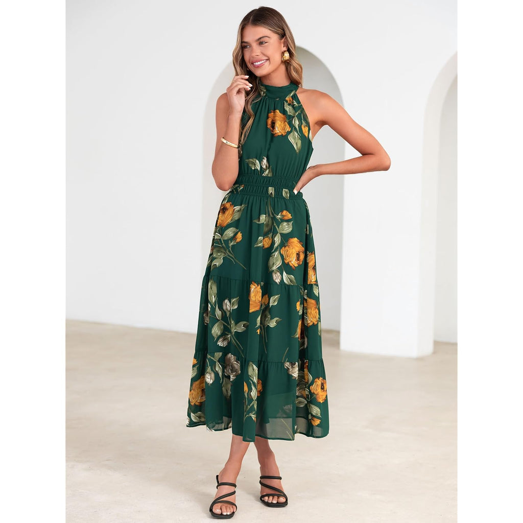 Simplee Womens Summer Halter Wedding Guest Dress Maxi Floral Vacation Boho Sundresses Flowy Formal Long Travel Dresses 2026