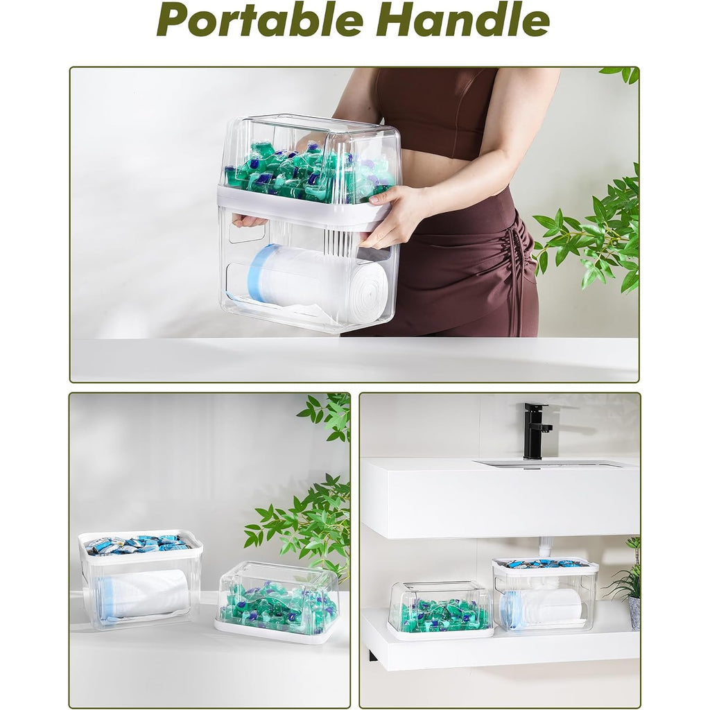 Icasa Trash Bag And Dishwasher Pod Dispenser - 3 In 1 Clear Storage Bins Holder For 13/30/33 Gallon Garbage Bags, Laundry Detergent Pods & Tabs, Under Sink Organizer For Kitchen And Laundry Room