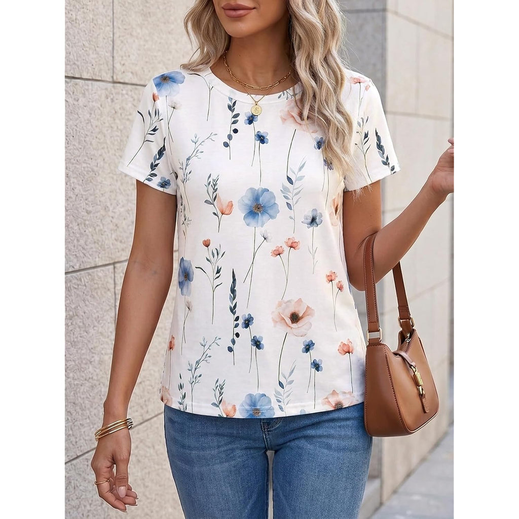Cicy Bell Womens Summer Floral T-Shirts Short Sleeve Crew Neck Trendy Casual Tops Loose Fit Tees