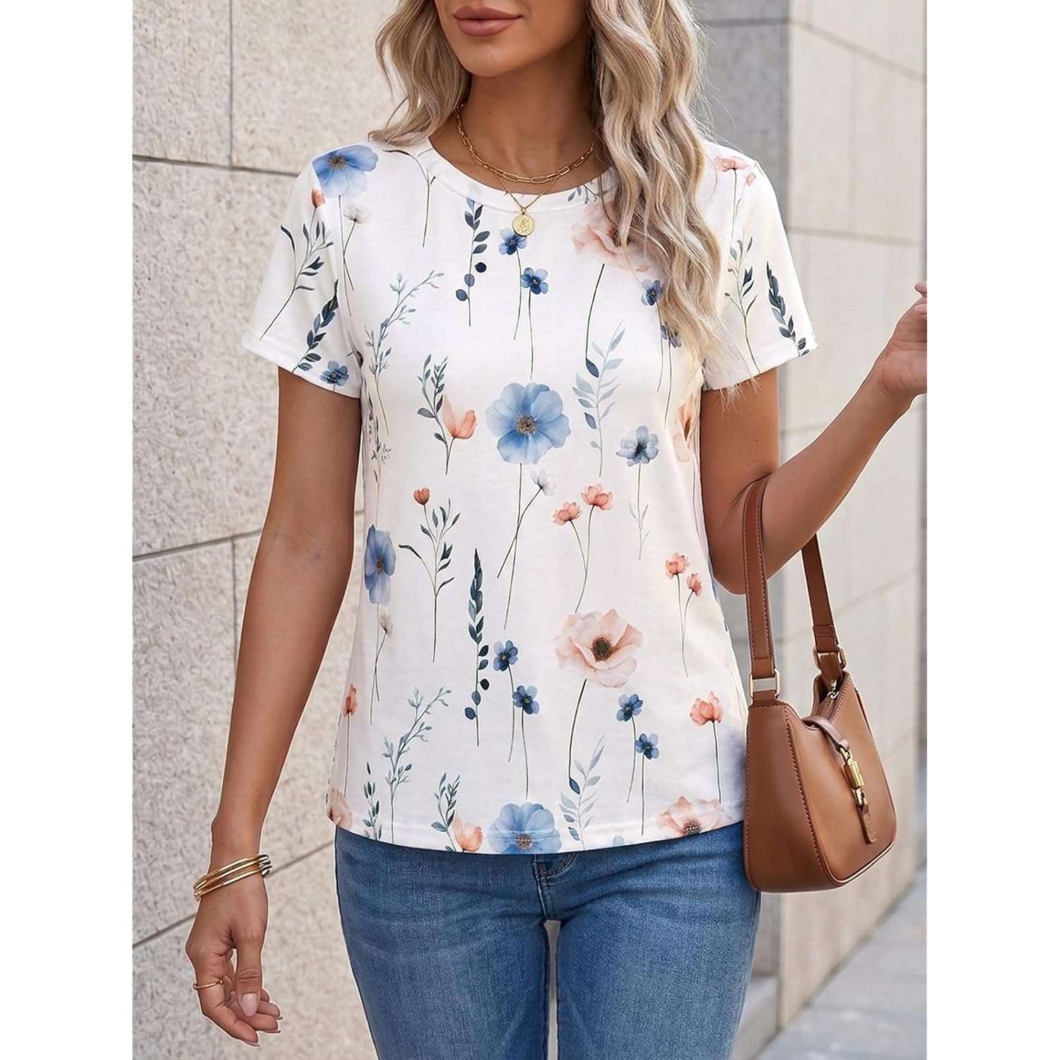 Cicy Bell Womens Summer Floral T-Shirts Short Sleeve Crew Neck Trendy Casual Tops Loose Fit Tees