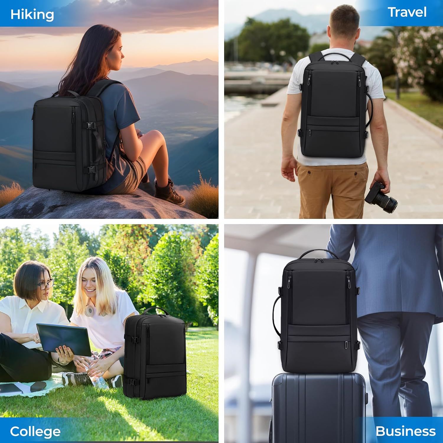 Carry On Travel Backpack Flight Approved For Men Women, Black | Expandable, Business Weekender Bag, 40L, Suitcase Backpack Luggage