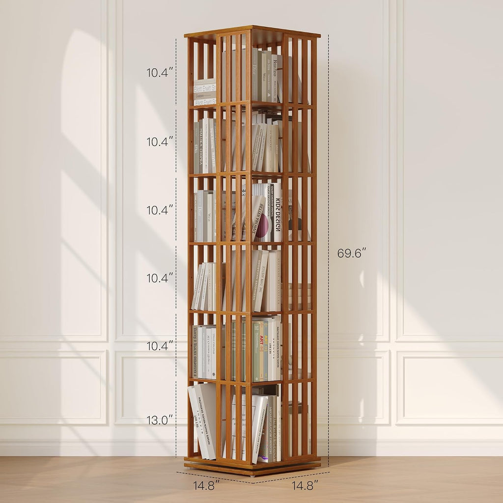 Rotating Bookshelf Tower, 360° Display Spinning Bookcase, Bamboo Bookshelf Floor Standing Storage Rack, Wood Narrow Book Shelf Organizer For Kids Adults (Walnut, 6 Tier)