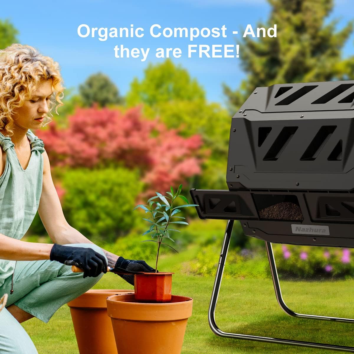 Compost Tumbler Bin Composter Dual Chamber 43 Gallon (Bundled With Pearson'S Gardening Gloves)