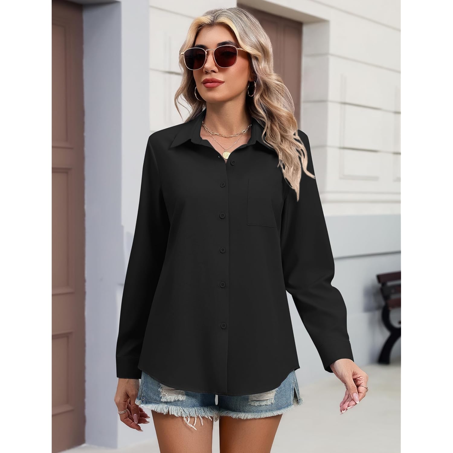 Button Down Shirts for Women Long Sleeve Blouse Dressy Casual Business Work Tops with Pocket