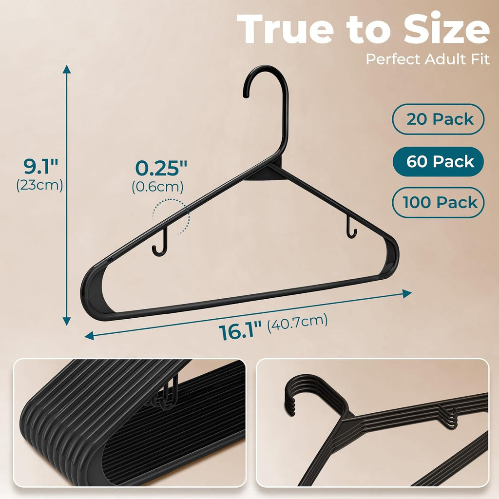 House Day Black Plastic Hangers 60 Pack, Clothes Hangers With Non Slip Hooks, Durable & Space Saving Coat Hanger, Light-Weight Clothing Hanger, Perfect Closet Organizer For Everyday Use