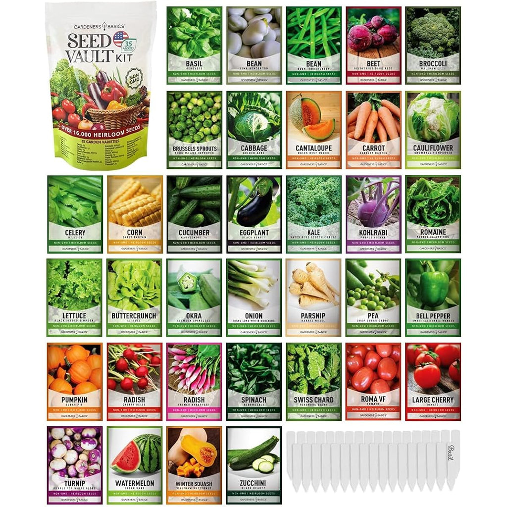 Gardeners Basics Survival Vegetable Seeds Garden Kit Over 16,000 Seeds Non-Gmo And Heirloom, Great For Emergency Bugout Survival Gear 35 Varieties Seeds For Planting Vegetables 35 Free Plant Markers