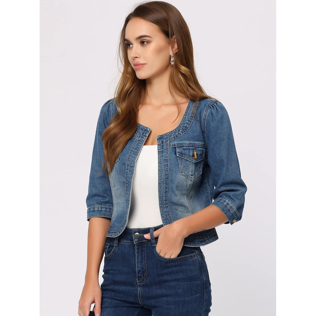 Allegra K Denim Jacket For Women'S Collarless 2025 Cardigan 3/4 Sleeve Crop Jean Jackets