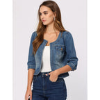 Allegra K Denim Jacket For Women'S Collarless 2025 Cardigan 3/4 Sleeve Crop Jean Jackets