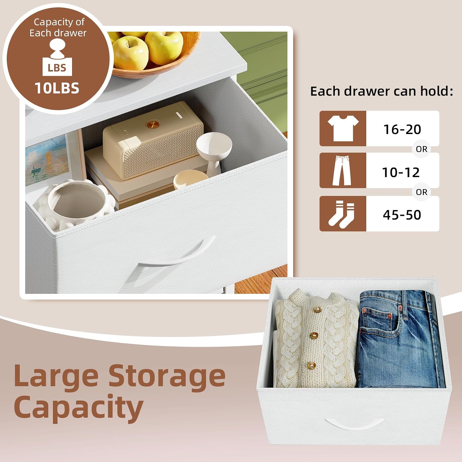 Somdot Tall Dresser For Bedroom With 5 Drawers, Storage Organizer Chest Of Drawers With Removable Fabric Bins For Closet Bedside Living Room Laundry Entryway Hallway, White Leather