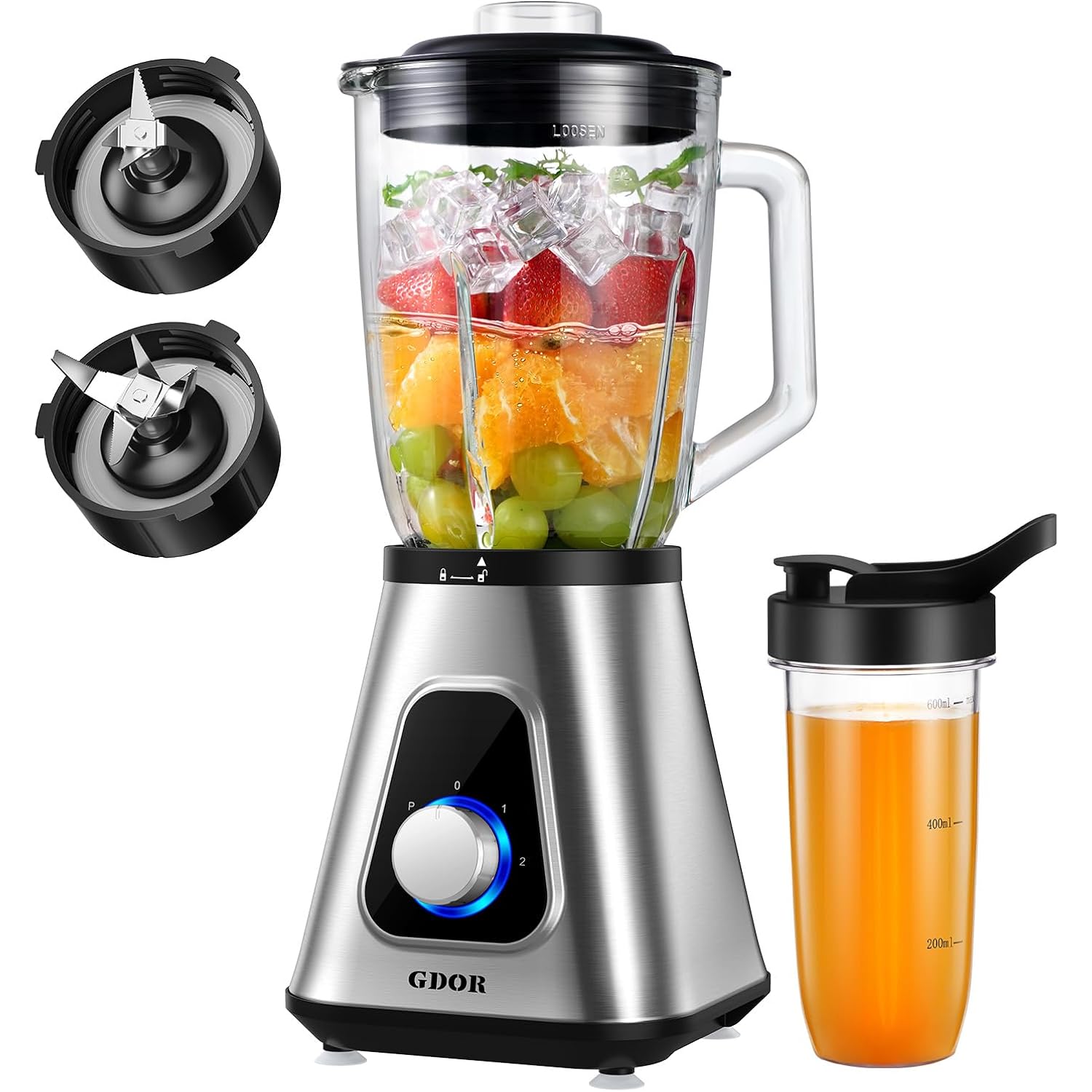 Gdor 1200W Blender For Smoothies And Shakes, 52 Oz Glass Jar & 22 Oz To-Go Cup Combo, Countertop Blender With 6-Leaf Blade, 3 Adjustable Speed For Juices, Frozen Fruit Drinks, Sauces, Self-Cleaning