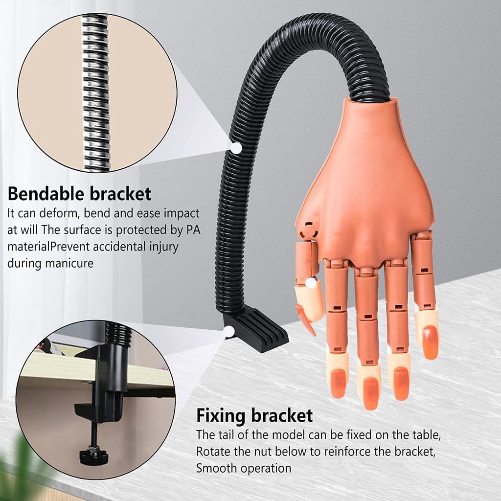 Practice Hand for Acrylic Nails, Professional Nail Practice Hand Nail Training Hand, Flexible Moveable False Fake Mannequin Hand for Nails Art Practice Display with 100Pcs Brown Fake Nail Tips