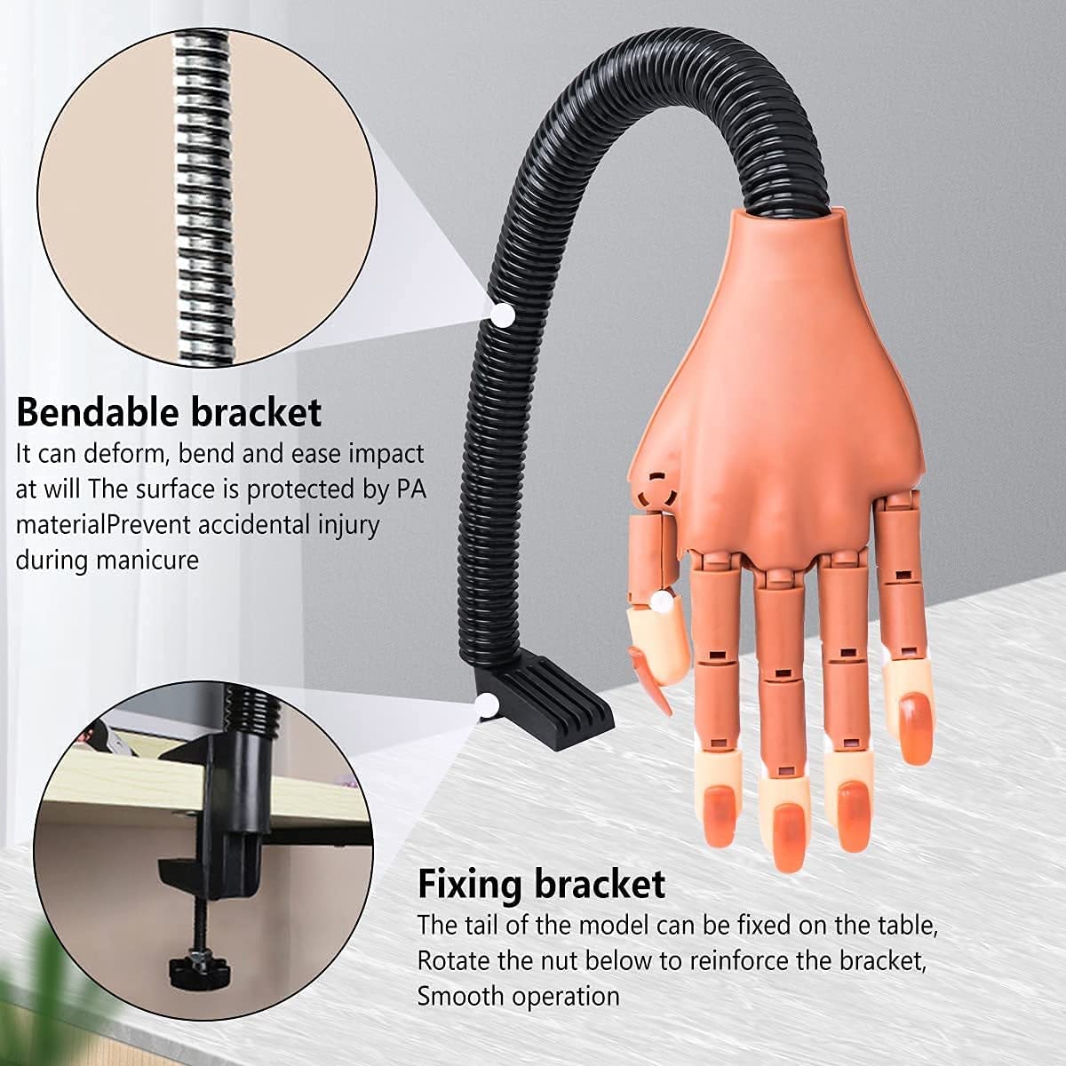 Practice Hand for Acrylic Nails, Professional Nail Practice Hand Nail Training Hand, Flexible Moveable False Fake Mannequin Hand for Nails Art Practice Display with 100Pcs Brown Fake Nail Tips