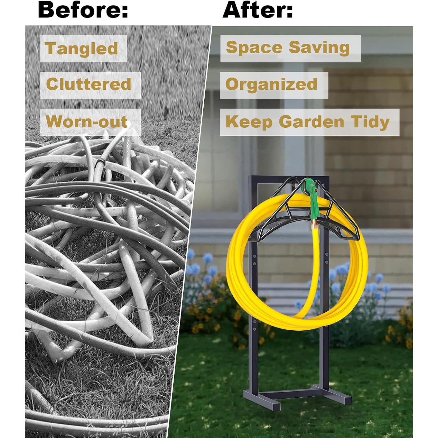 Outdoor Garden Hose Holder Freestanding With 4 Spikes, Heavy Duty Metal Water Hose Reel Stand Hanger Rack Organizer Holds Storage 150Ft Hose For Outside Yard Lawn, Black