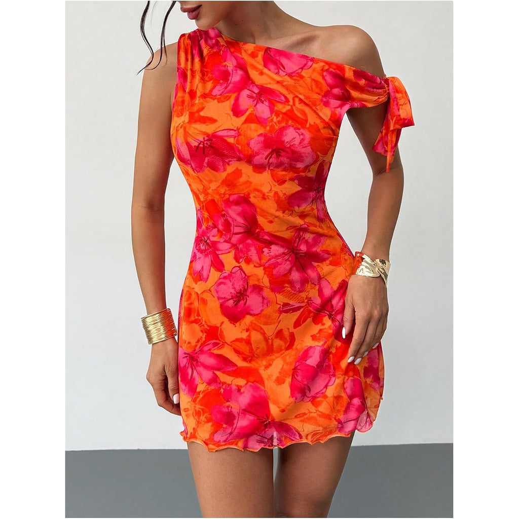 Gorglitter Women'S Asymmetrical Hem Bodycon Mini Dress Tie One Shoulder Floral Sleeveless Wedding Guest Pencil Short Dresses
