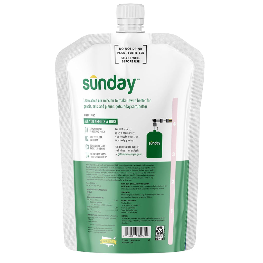 Sunday Green Machine Fertilizer, 42.3Oz, 2 Pack - Liquid Lawn Fertilizer For Lush Growth - Includes Universal Sprayer Attachment - Covers Up To 10,000 Sq Ft - Easy Application In 15 Minutes Or Less