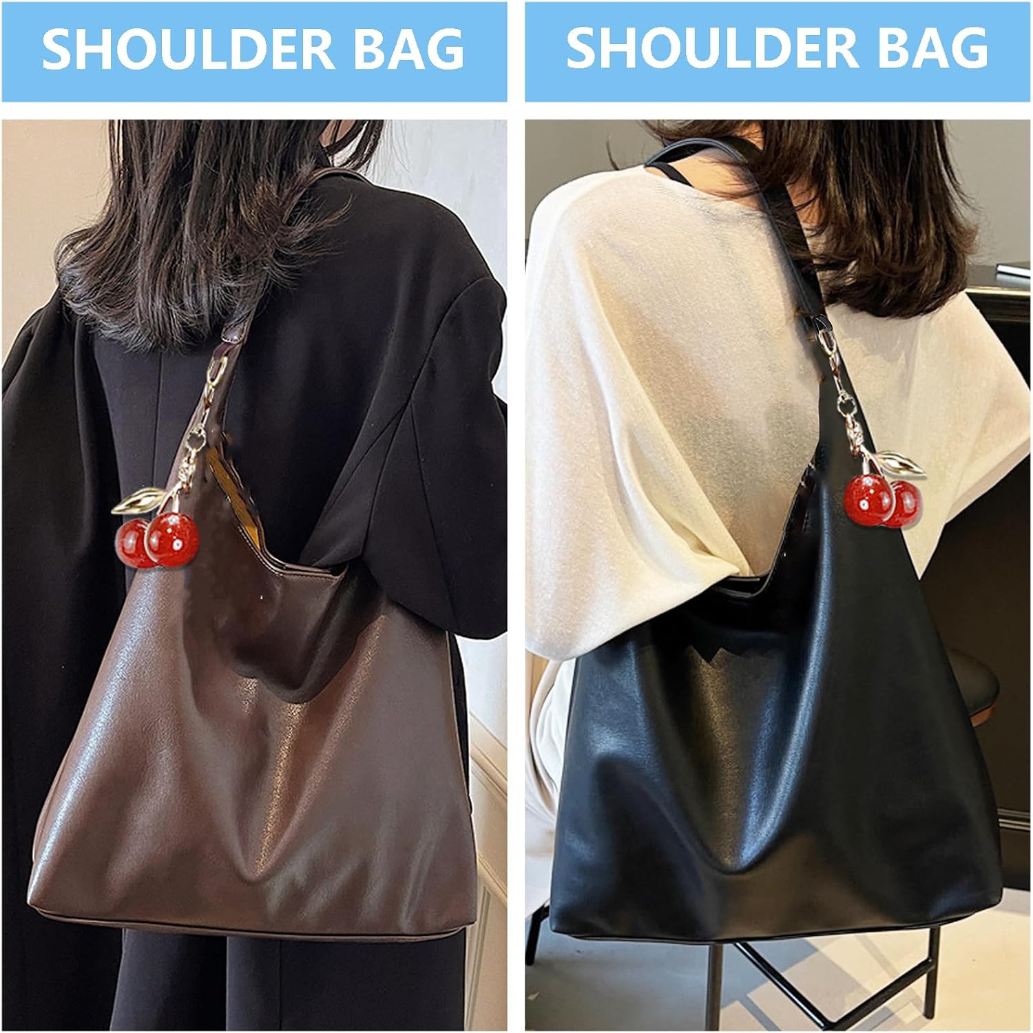 Vegan Hobo Bag Cherry Leather Shoulder Purse Slouchy Designer Crossbody Bag For Women Retro Tote Handbag