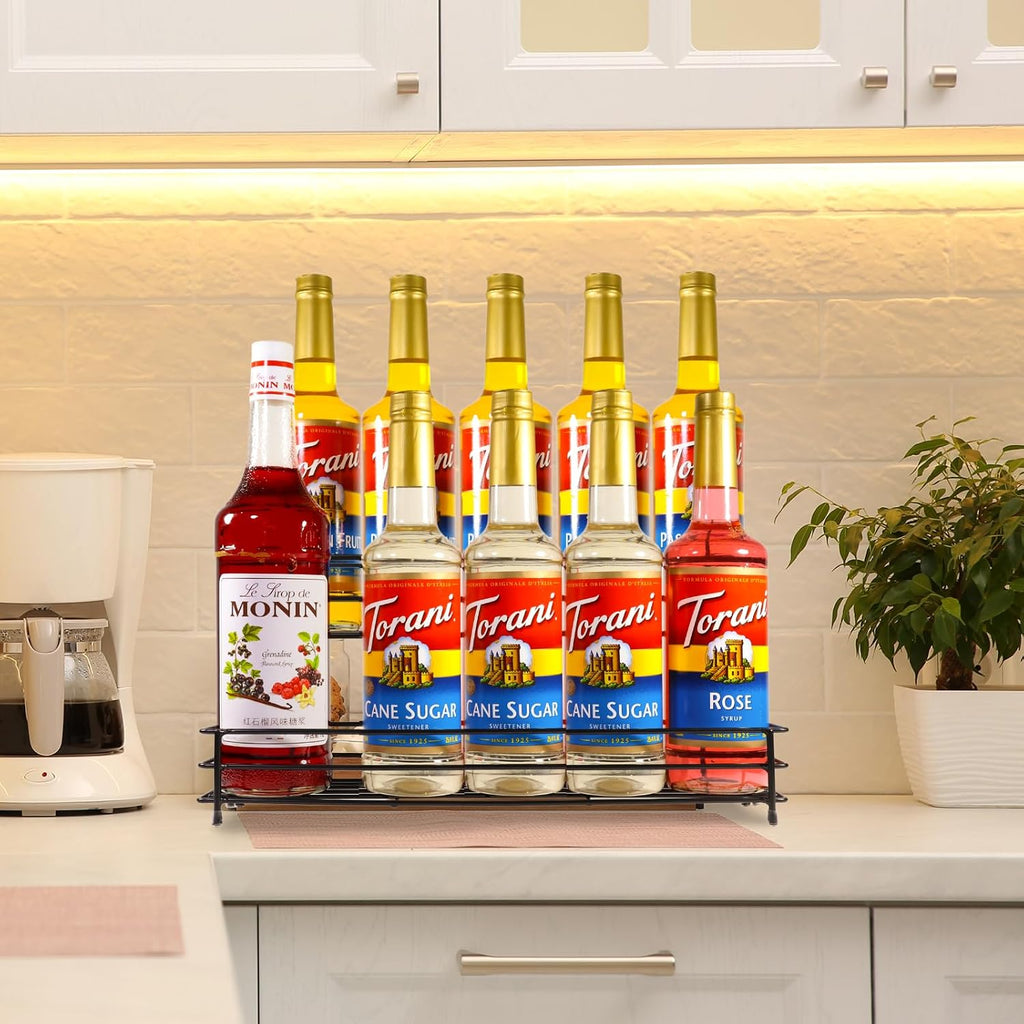 Coffee Syrup Organizer Rack, 2 Tier Coffee Syrup Stand Holder For Coffee Bar, 10 Bottles Wine Bottle Holder, Coffee Station Organizer Storage Shelf For Cocktail, Dressing, Coffee Bar Accessories
