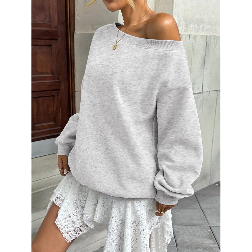 Womens Fleece Lined Sweatshirt Off Shoulder Long Sleeve Pullover Top Oversized Shirt Basic Slouchy Clothes 2026