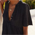 R.Vivimos Womens Summer Cotton Flowy Maxi Dress Short Sleeve V Neck Empire Waist Boho Tiered Ruffle Casual Loose Long Dresses