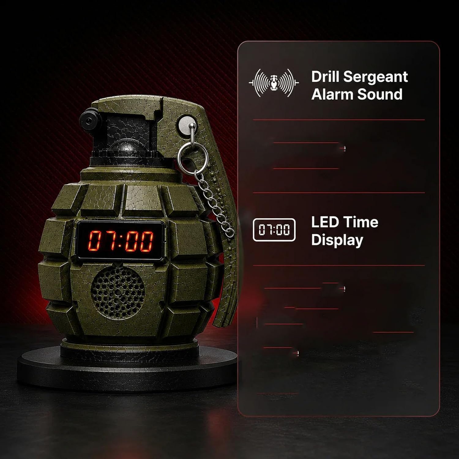 Tactical Military Grenade Alarm Clock With Interactive Safety Pin (1Pc) | Loud Sound Alert Digital Wake Up Clock, Novelty Decor Gift For Man Cave Men Teens Bedroom Office