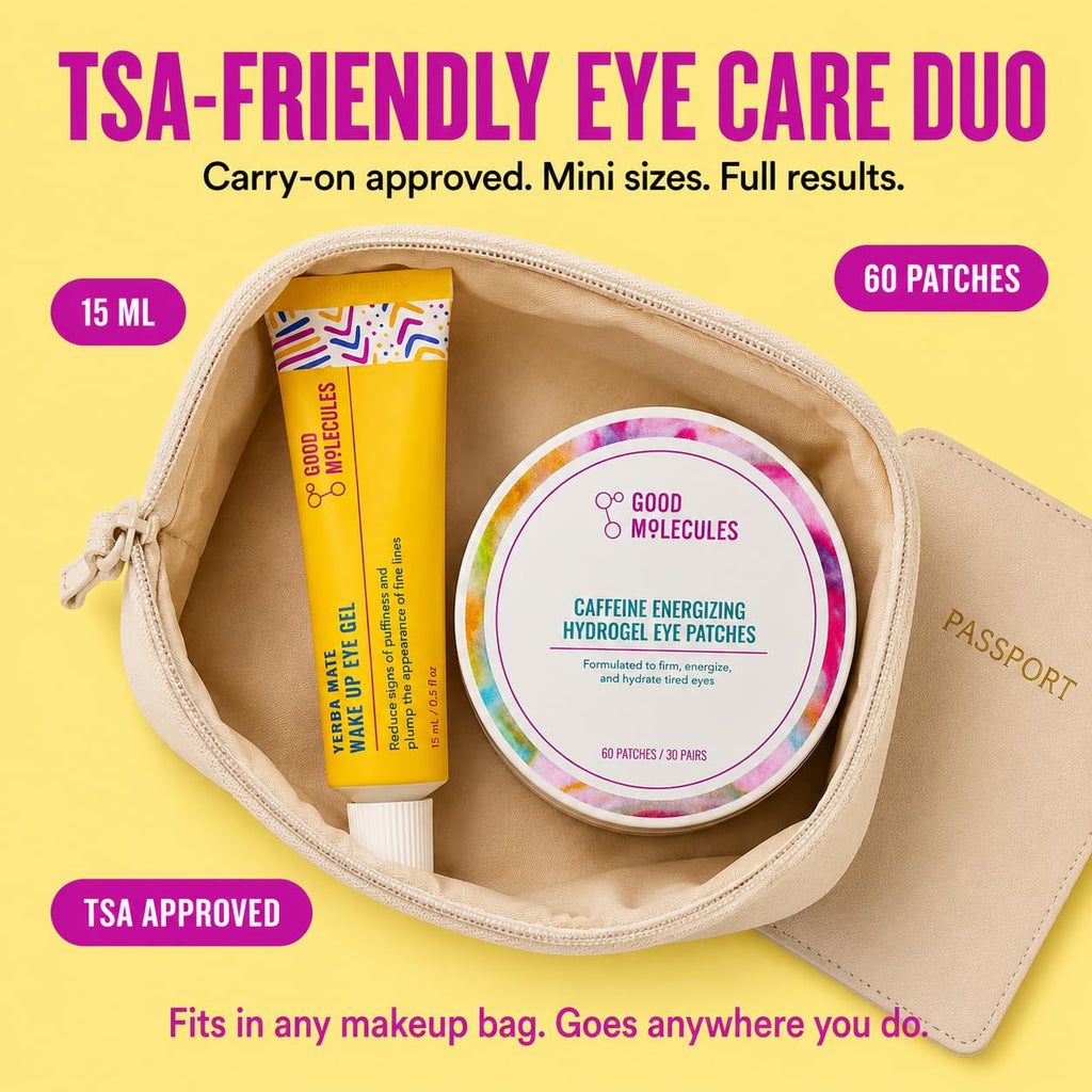 Good Molecules Under Eye Cream And Eye Patches For Dark Circles, Puffiness And Tired Eyes - Yerba Mate Eye Gel (15Ml) And Caffeine Hydrogel Eye Patches (60 Patches / 30 Pairs) - Morning Eye Care Set
