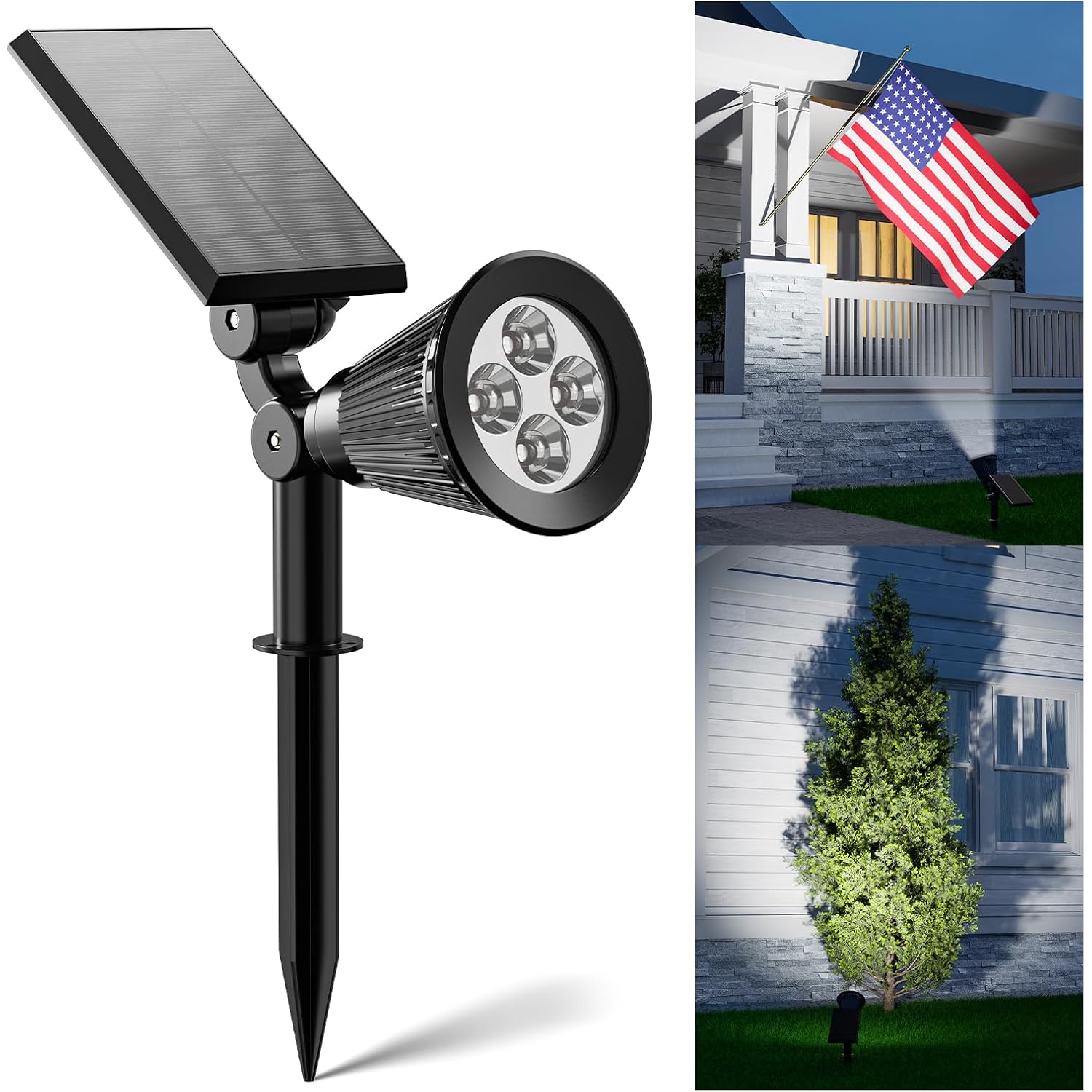 Solar Spot Lights Outdoor Waterproof For Flag, Palm Tree, Pole, Sign, Statue, Mailbox, Bright Led Outside Landscape Flood Spotlights For Accent Uplighting Yard, Garden, House, Backyard, Patio