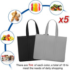 Wiselife Reusable Grocery Shopping Bags 10 Pack Large Foldable Tote Bags Bulk, Eco Produce Bags With Long Handle For Shopping Groceries Clothes (Grey&Black)