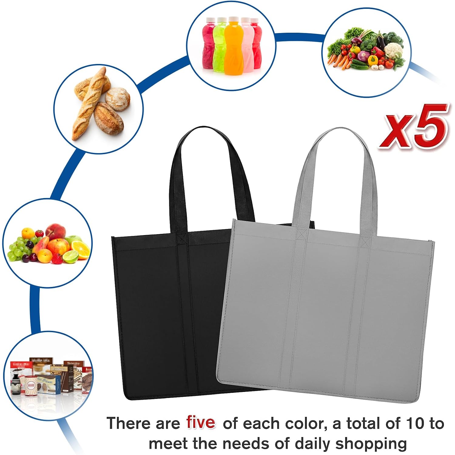 Wiselife Reusable Grocery Shopping Bags 10 Pack Large Foldable Tote Bags Bulk, Eco Produce Bags With Long Handle For Shopping Groceries Clothes (Grey&Black)