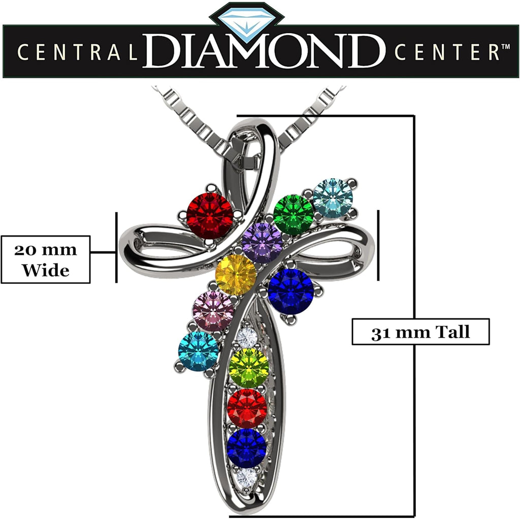 Central Diamond Center Family Cross Birthstone Mothers Necklace w/ 1 to 11 Simulated Birthstones in Solid 925 Sterling Silver
