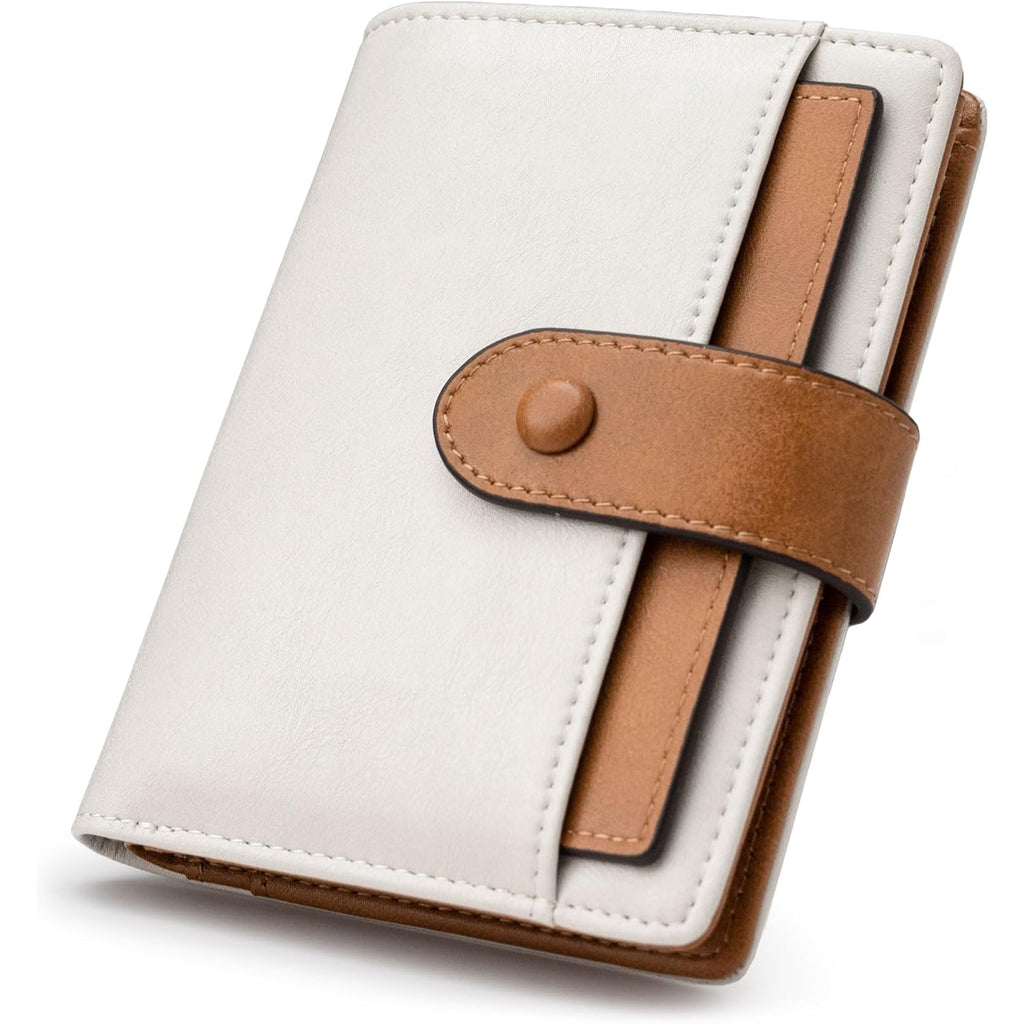 Alldaily Small Slim RFID Blocking Leather Wallet for Women, Bifold with 10 Card Slots and Coin Pocket (White&Brown)
