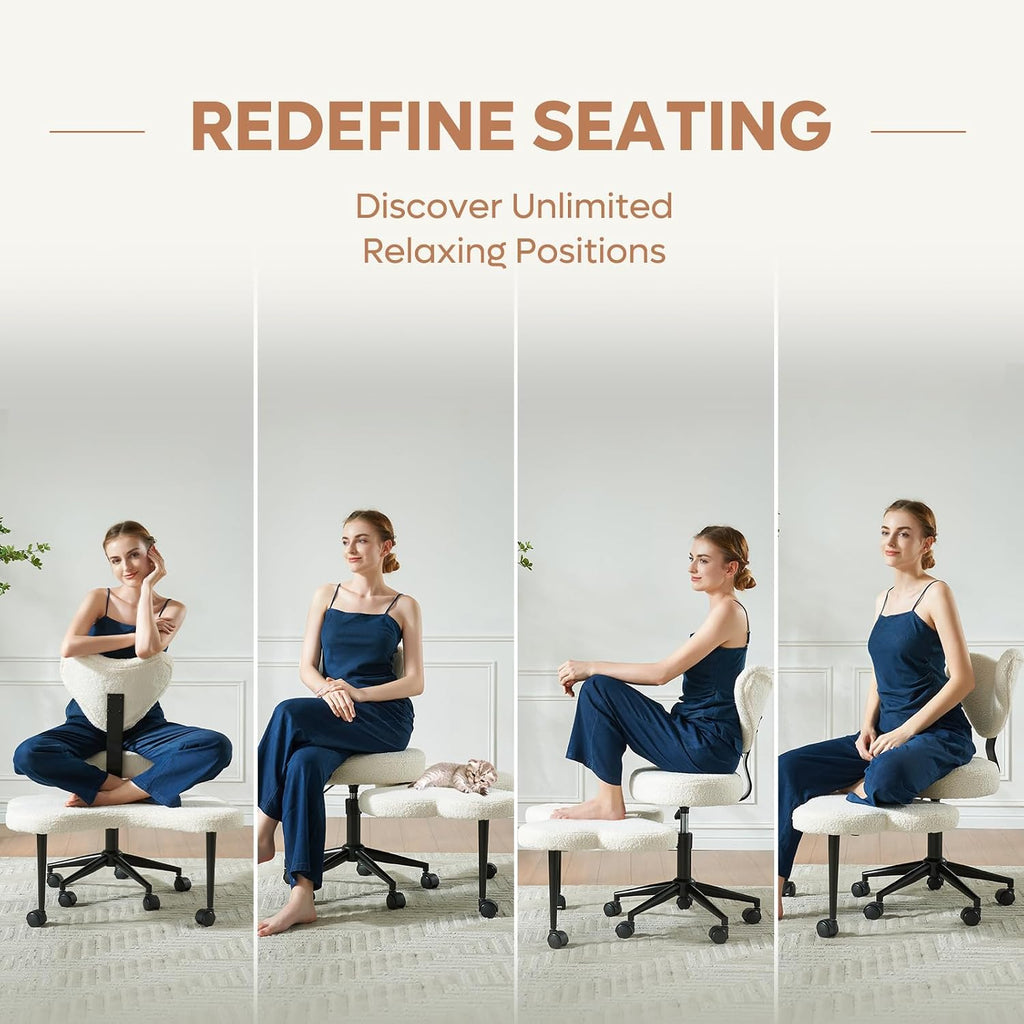 Ergonomic Cross Legged Chair, 360° Swivel Meditation Chair With Wheels, Height Adjustable Seat For Adhd, Strong Lumbar Support, Chic Home Office Furniture, Teddy Fabric, Off White