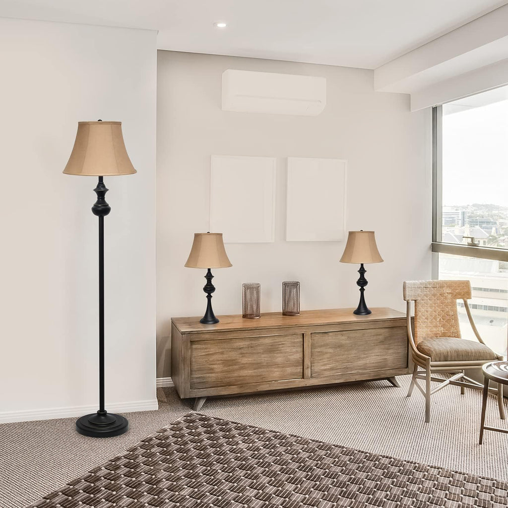 Elegant Designs Lc1019-Rbz Traditionally Crafted 3 Pack Lamp Set (2 Table Lamps, 1 Floor Lamp) With Tan Fabric Shades, Restoration Bronze